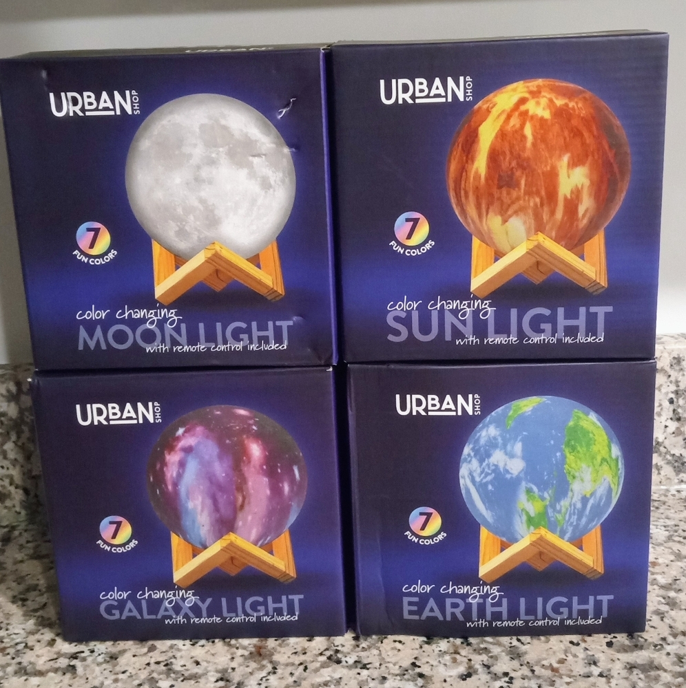 Galaxy, Moon, Earth and Sun Themed Light On Wooden Stand with Remote, Set Of 4